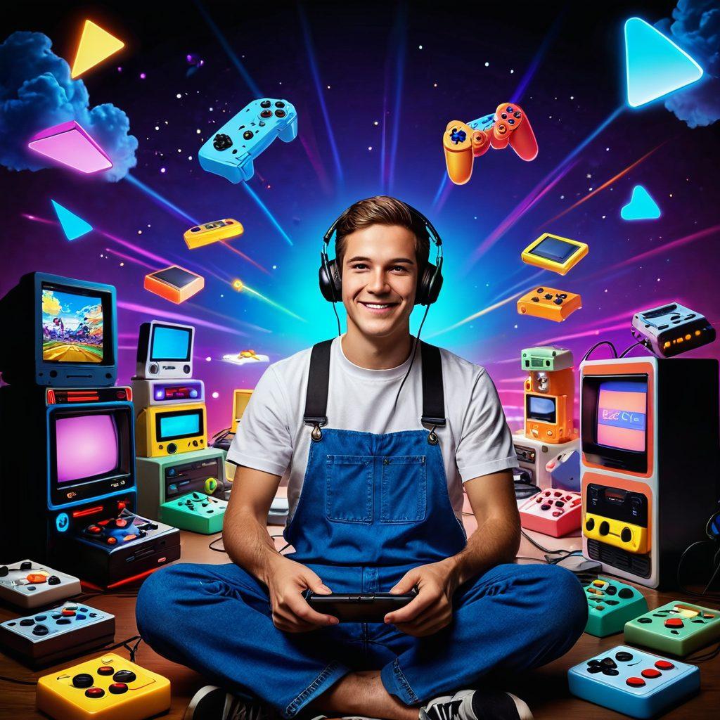 A joyful gamer surrounded by colorful retro game consoles and handheld devices, with vibrant light beams illuminating the scene. The player's smile reflects the excitement and nostalgia of gaming, while icons of beloved games float around, symbolizing ease and accessibility. Background filled with pixelated clouds and playful elements, creating an inviting atmosphere. super-realistic. vibrant colors. white background.