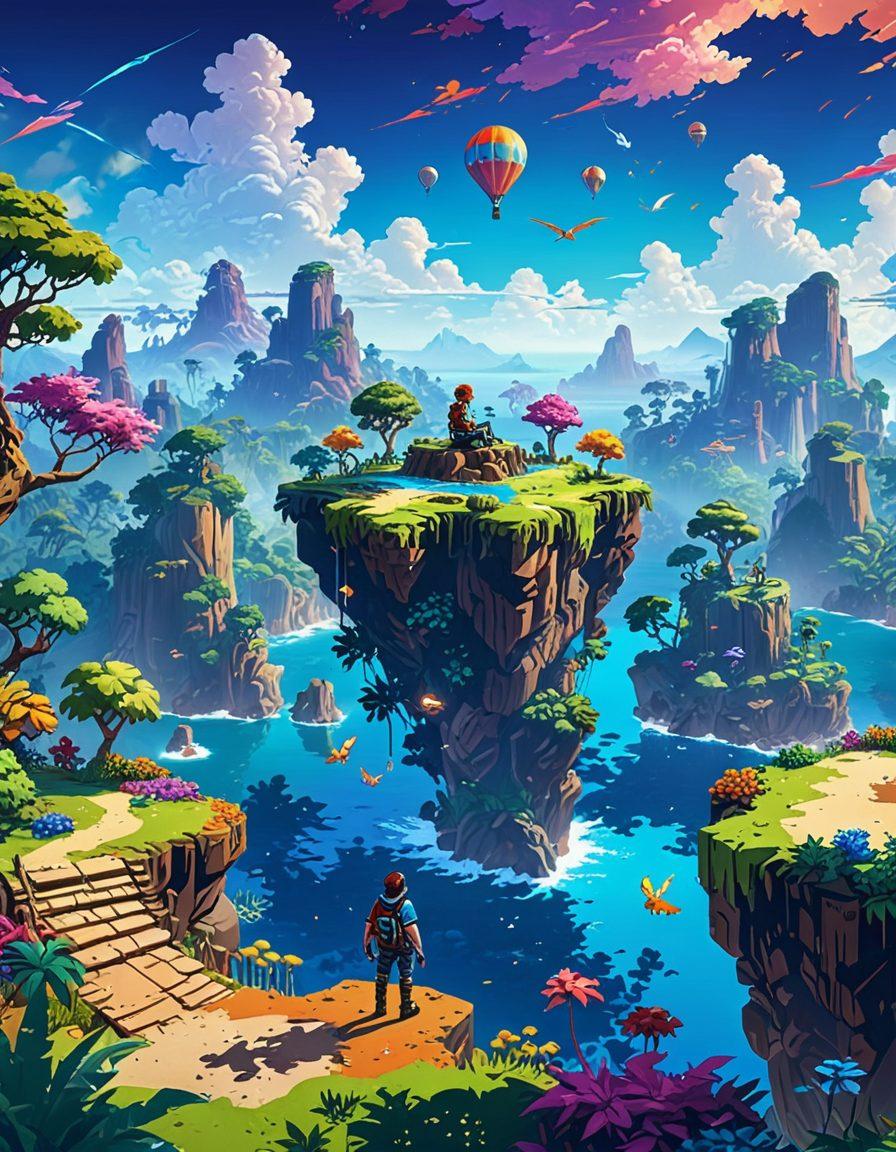 A vibrant, immersive landscape featuring a gamer sitting on a floating island surrounded by colorful emulated game worlds, with classic pixelated characters leaping around joyfully. The sky is filled with dynamic, animated elements representing different gaming genres, creating a sense of adventure and nostalgia. Incorporate vivid colors and a blend of retro and modern design styles to reflect the evolution of gaming experiences. 3D. vibrant colors.