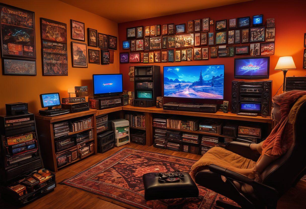 A gamer joyfully surrounded by various retro gaming consoles and emulators, each glowing softly with colorful lights. The background features a cozy gaming setup with a computer displaying emulator software, posters of classic video games, and snacks scattered around. Include a sense of excitement and nostalgia to capture the essence of mastering gaming. vibrant colors. super-realistic. cozy atmosphere.
